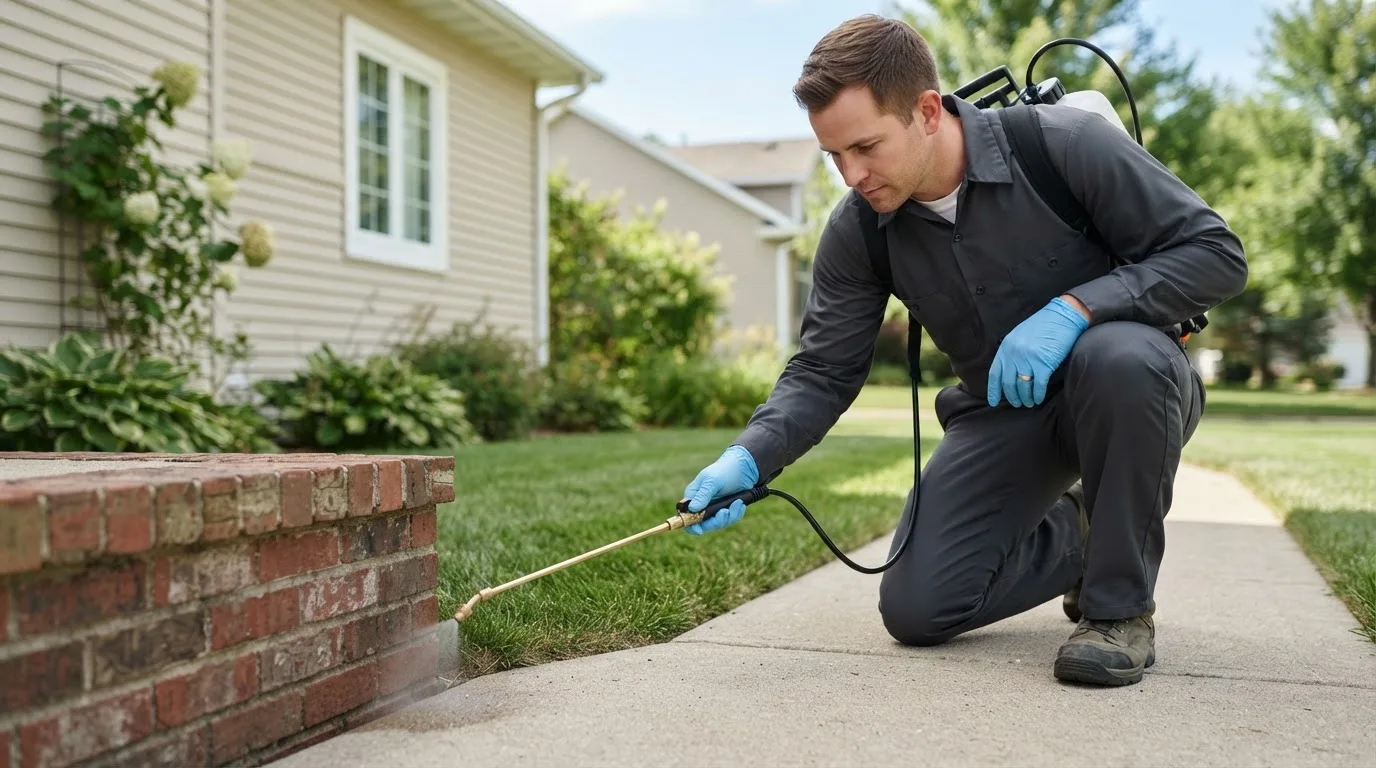 Pest control technician treating a home near Carpenter, IA